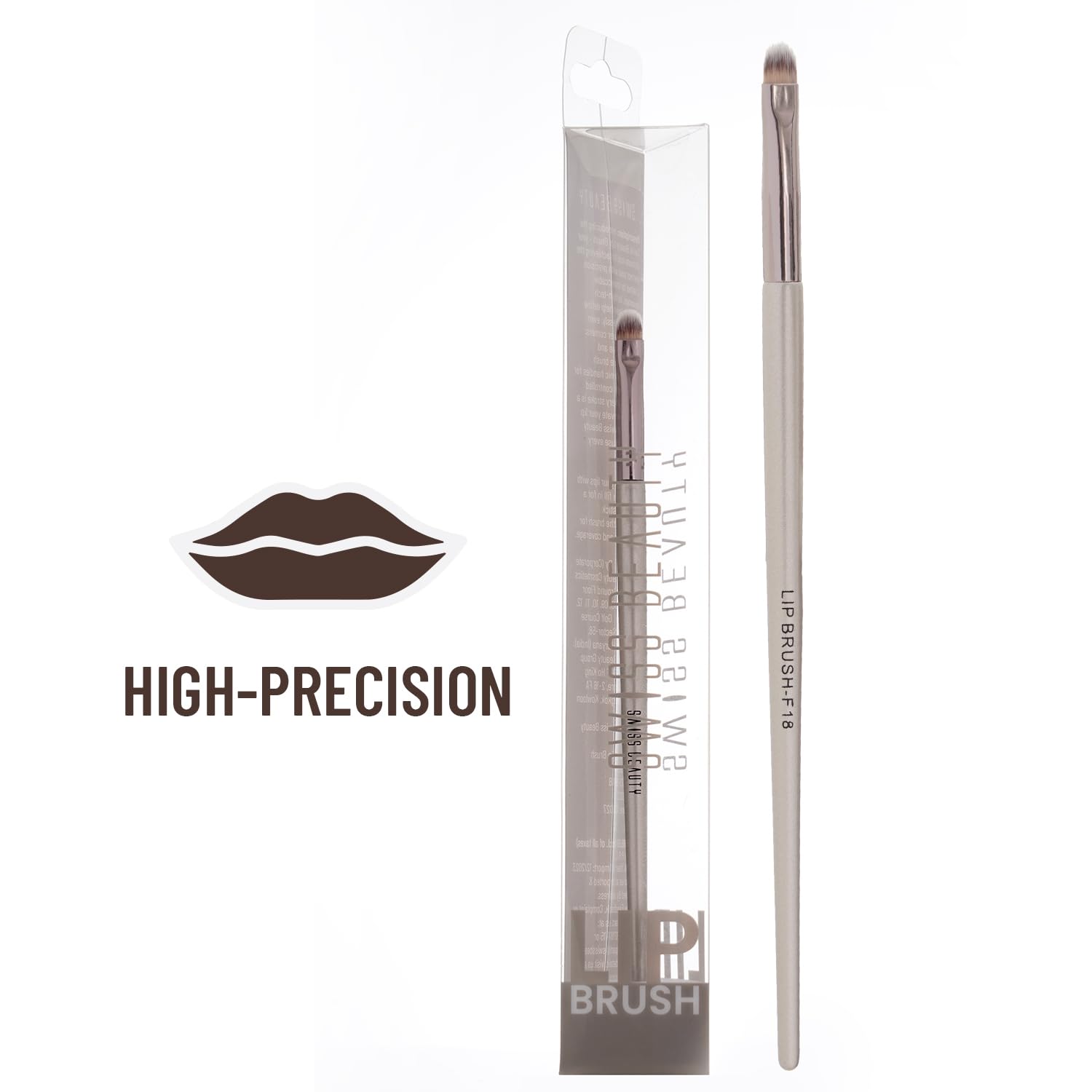 Lip brush with slim handle and angled head, shown in clear sleeve