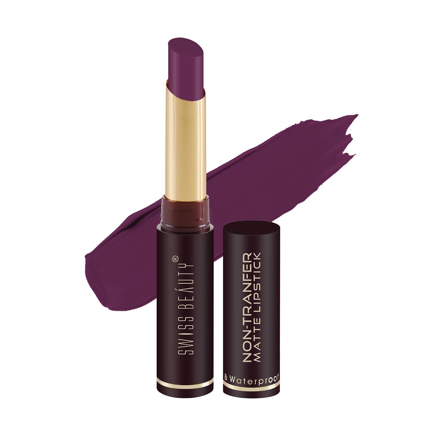 Plum matte non-transfer lipstick with gold cap and open bullet