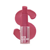 Satin Comfort lipstick, Prime Rose shade 02, rose-pink lip swatch and cap