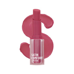 Satin Comfort lipstick, Prime Rose shade 02, rose-pink lip swatch and cap