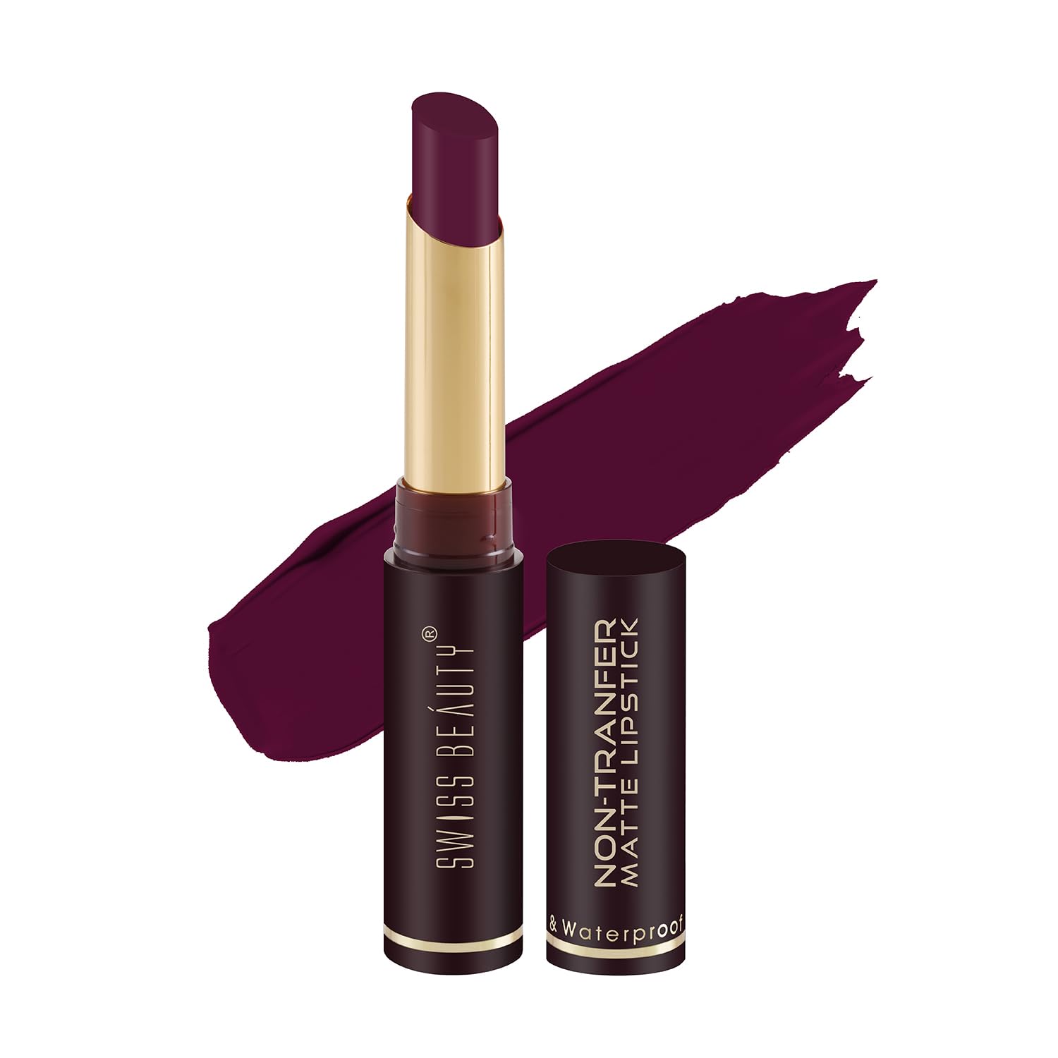 Matte waterproof lipstick in dark maroon, with cap and open bullet