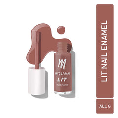 Nail enamel bottle with brush and open cap, mauve-brown polish