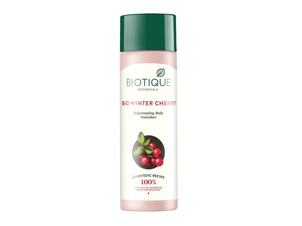 Biotique Bio Winter Cherry body nourisher lotion bottle with green cap