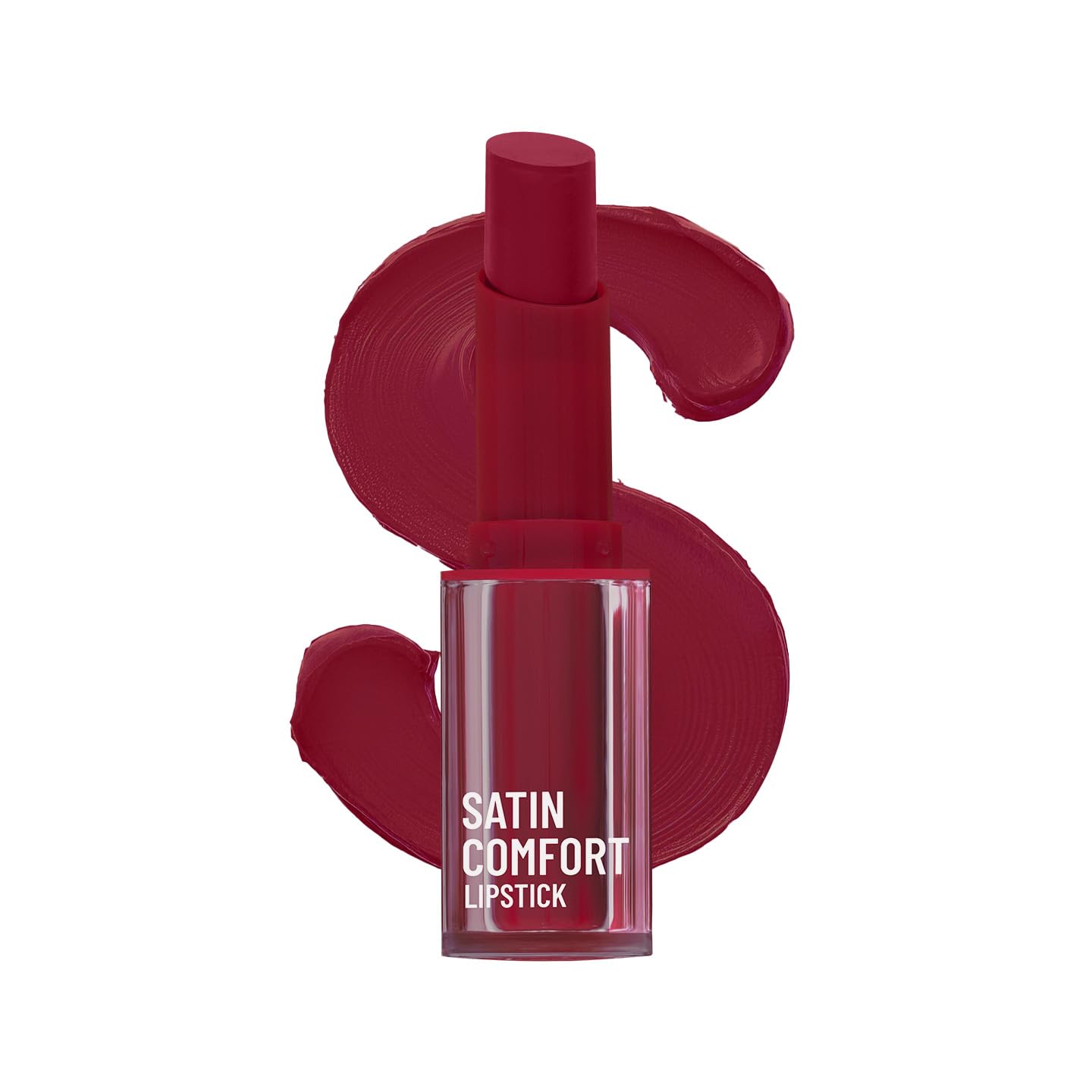 Satin Comfort lipstick in raspberry red shade with matching lip swatches