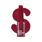 Satin Comfort lipstick in raspberry red shade with matching lip swatches