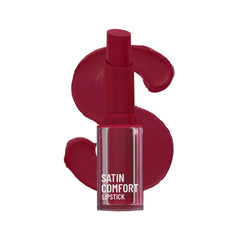 Satin Comfort lipstick in raspberry red shade with matching lip swatches