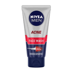 Acne control face wash tube in gray and blue with a red label band.