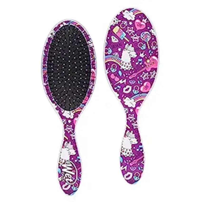 Purple detangler hair brush with oval pad, white llama pattern, and black bristles