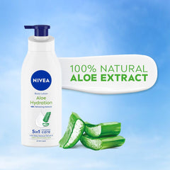 NIVEA body lotion bottle with Aloe Hydration, 100% natural aloe extract callout.