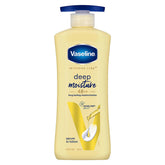 Vaseline deep moisture body lotion bottle with blue pump cap, front label view