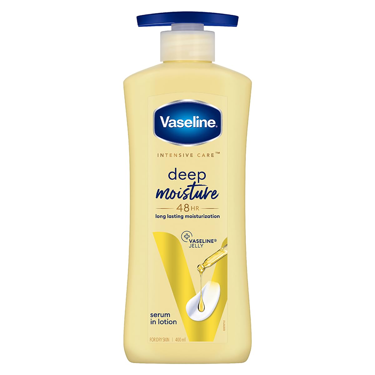 Vaseline deep moisture body lotion bottle, yellow with blue pump cap, 400 ml