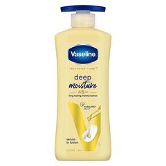 Vaseline deep moisture body lotion bottle with blue pump cap, front label view