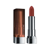 Creamy matte lipstick in rose shade, silver tube with dark copper cap