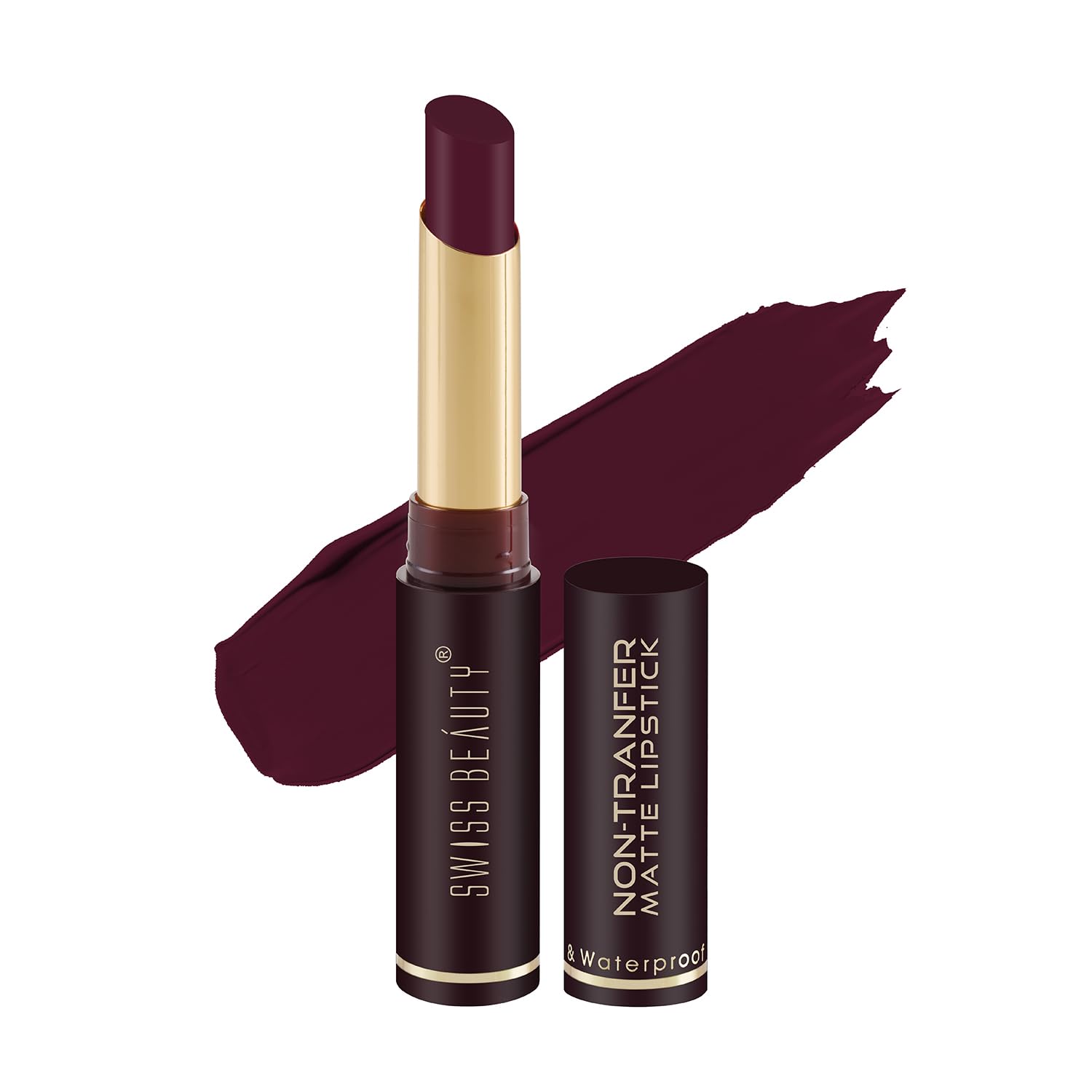 Matte lipstick set in hot cherry shade, with gold tube and dark red bullet smear