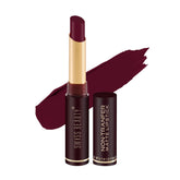 Matte lipstick set in hot cherry shade, with gold tube and dark red bullet smear