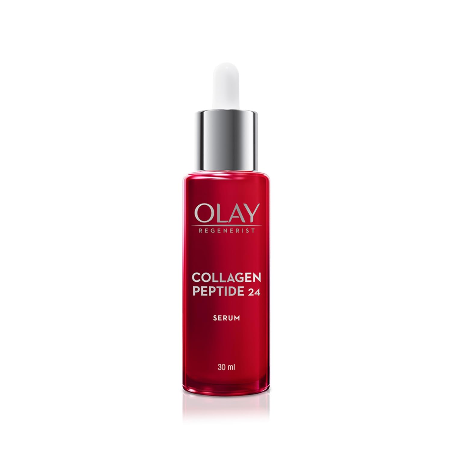 Red Olay collagen peptide face serum bottle, 30 ml, with dropper cap