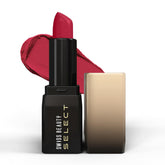 Matte lipstick in black tube with red bullet, partially shown in open case