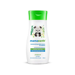Mamaearth baby moisturizing lotion bottle back label, green cap, 200 ml