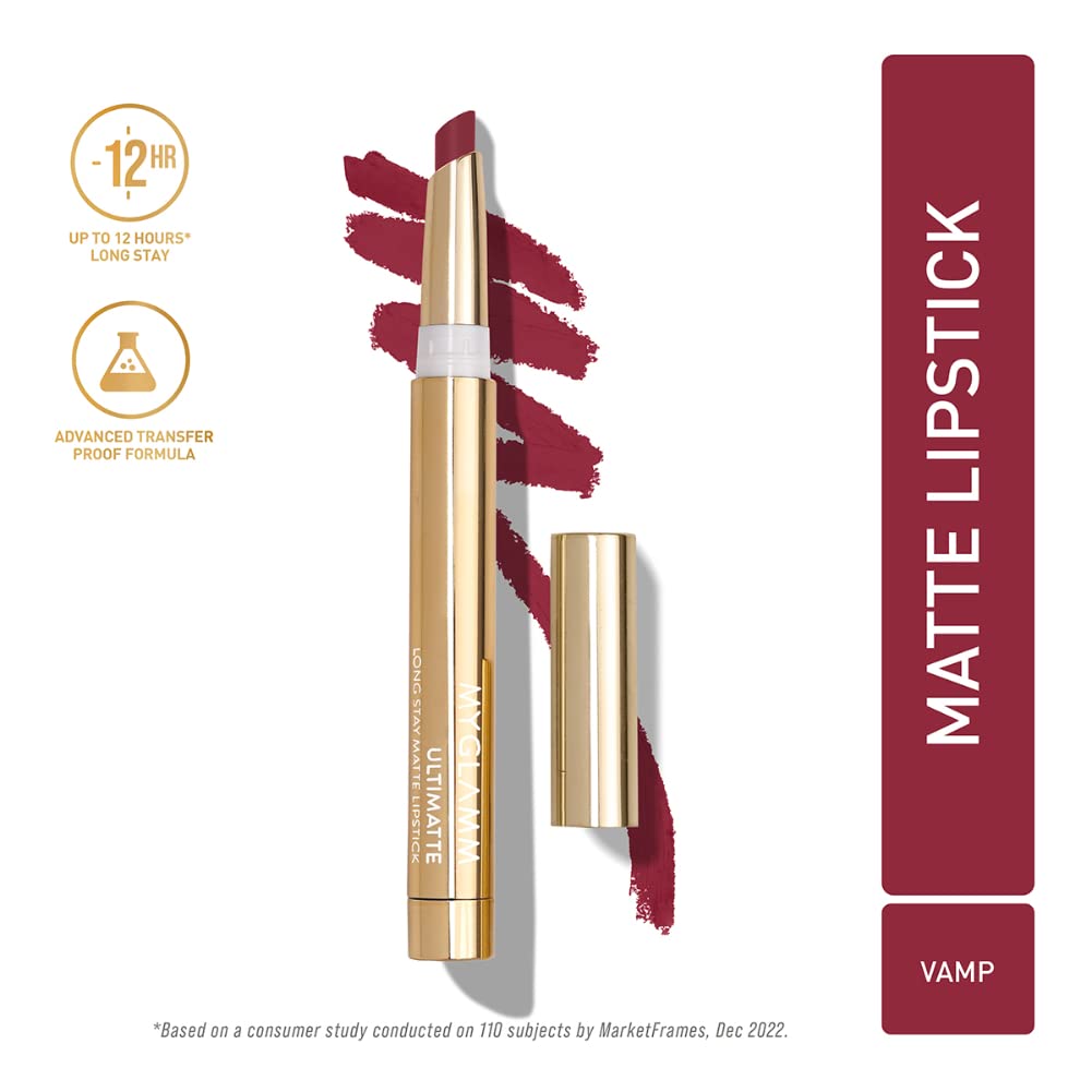 Matte lipstick in maroon shade with gold tube and visible lip swatch