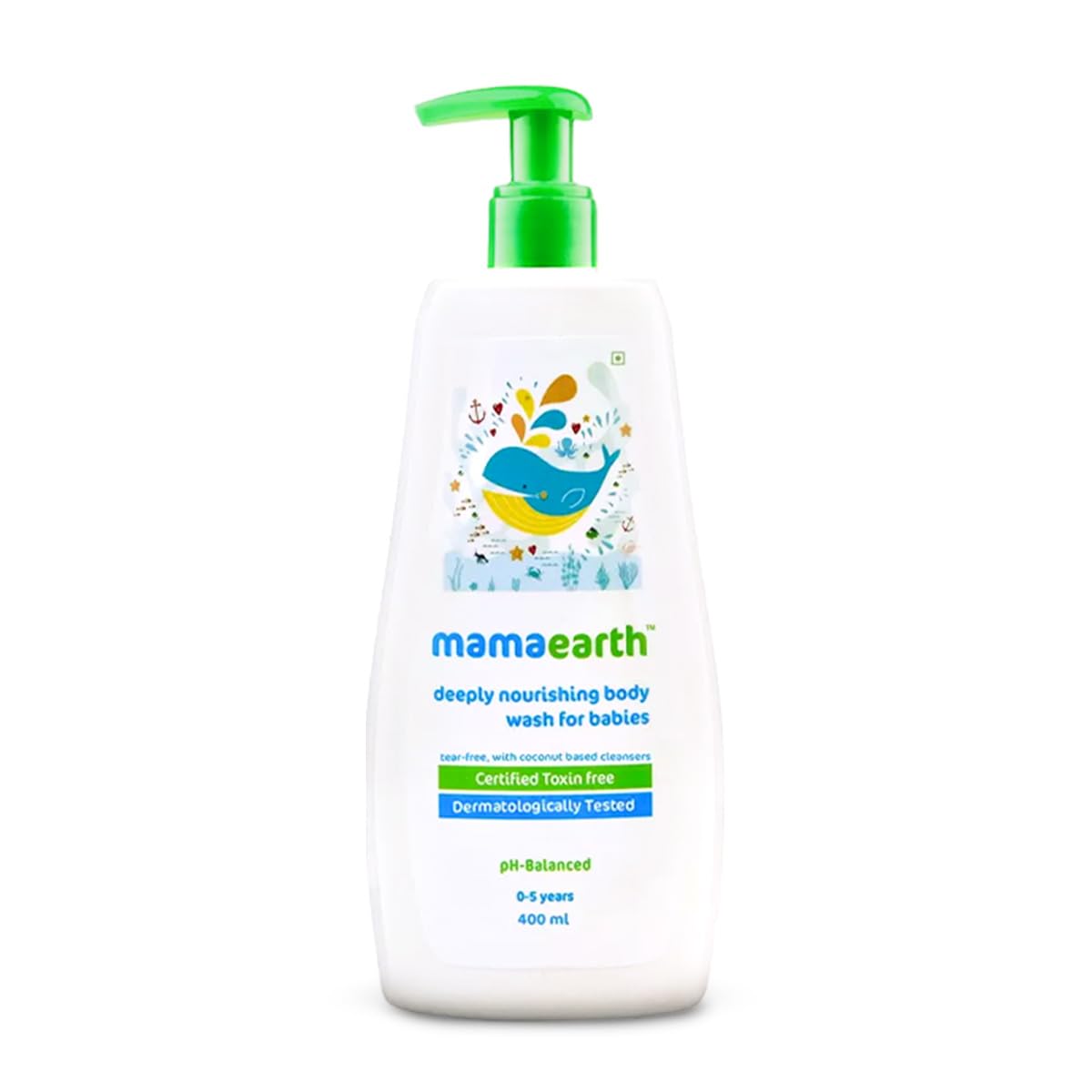 Baby body wash bottle with green pump and white label, 'mamaearth' branding, 400 ml