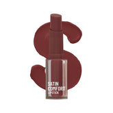 Satin Comfort lipstick in Brown Bean shade, bottle and cap with lip swatches