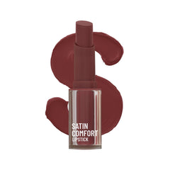 Satin Comfort lipstick in Brown Bean shade, bottle and cap with lip swatches