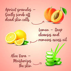 Deep cleansing apricot face wash benefits graphic with apricot, lemon and aloe icons