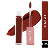 Liquid lipstick in shade Rigel with applicator and tube, plus deep brown lip swatch
