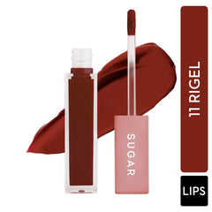 Liquid lipstick in shade Rigel with applicator and tube, plus deep brown lip swatch