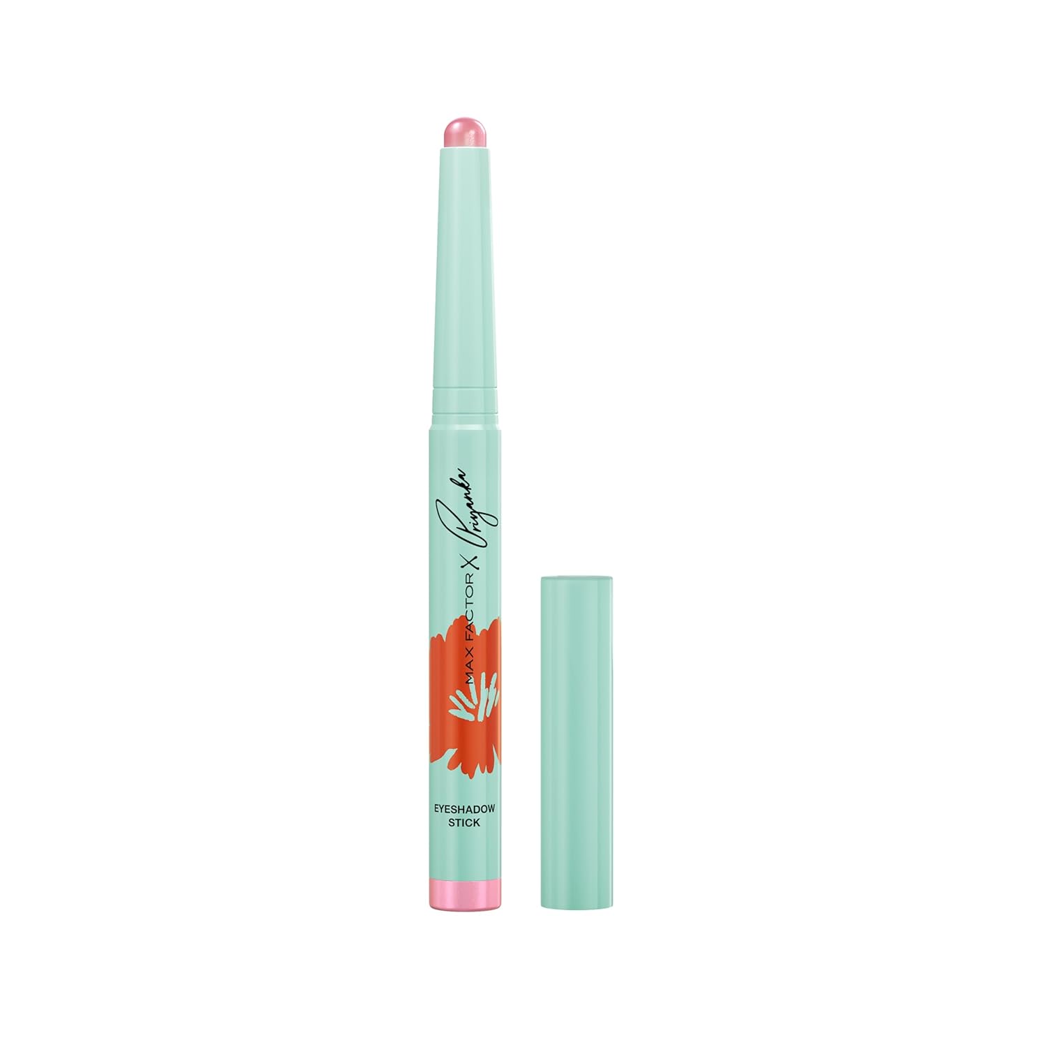 Eyeshadow stick with pink glitter tip and mint-green tube, cap attached