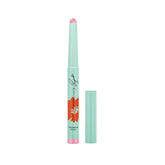 Eyeshadow stick with pink glitter tip and mint-green tube, cap attached