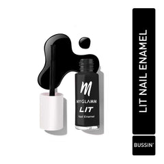 Nail enamel bottle set with black bottles, white caps, and red polish applicator