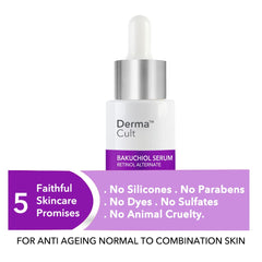 Derma Cult Bakuchiol Serum bottle with purple promise banner and dropper cap