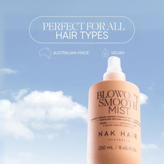 Hair mist bottle with white pump sprayer, shown with 'Perfect for all hair types' graphic