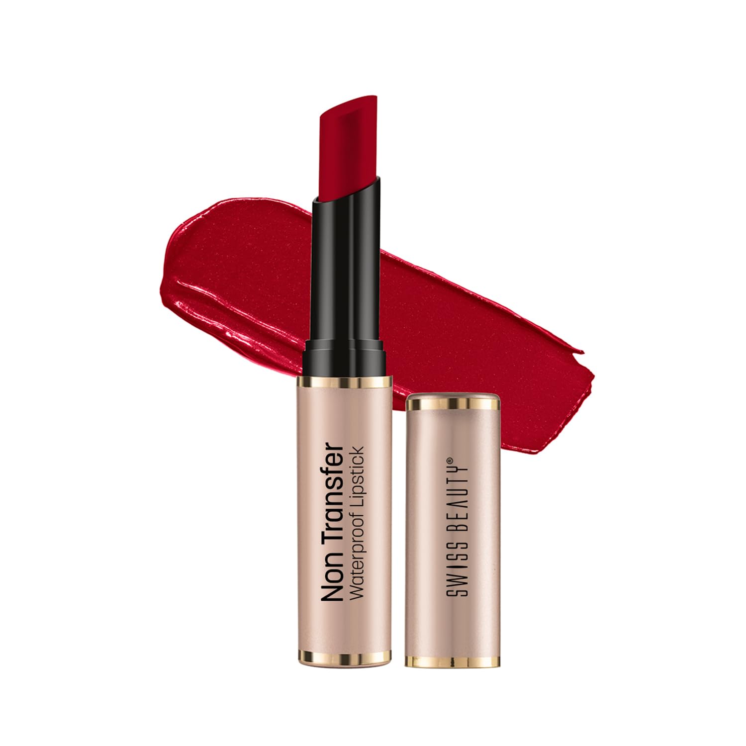 Waterproof lipstick set with red bullet, black cap, and red lip swatch