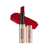 Waterproof lipstick set with red bullet, black cap, and red lip swatch