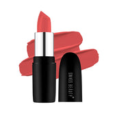 Apricot matte lipstick in black-and-silver tube, with cap open and lipstick shown.