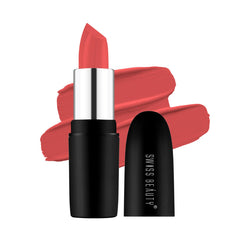 Apricot matte lipstick in black-and-silver tube, with cap open and lipstick shown.