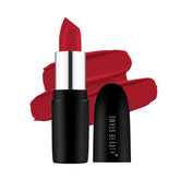 Matte hot red lipstick with black cylindrical tube and silver cap, showing red bullet tip