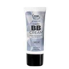 TNW Ayurvedic BB cream tube, SPF 30, white cap and blue geometric label