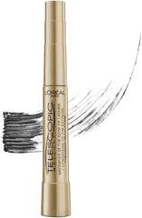 Gold mascara wand with black bristles and curled dark mascara sweep