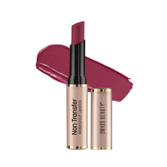 Waterproof non-transfer lipstick in pink, with applicator tip and pink swatch