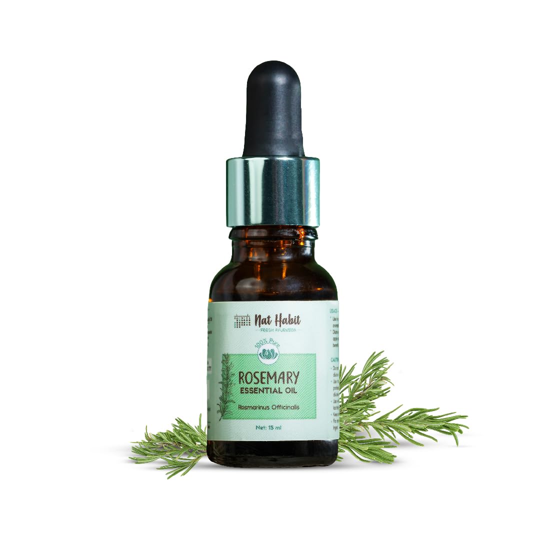 15 ml rosemary essential oil bottle with dropper cap, amber glass and green label.