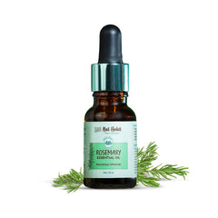 15 ml rosemary essential oil bottle with dropper cap, amber glass and green label.
