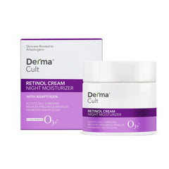 Retinol cream night moisturizer jar with white lid and purple product box packaging