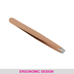 Vega square-tip tweezer with slanted stainless tips and rose-gold body