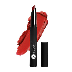 Matte lipstick, black tube with red bullet and smeared red swatch