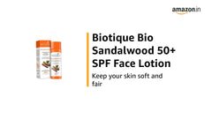 Biotique Bio Sandalwood SPF 50+ face lotion bottle with promotional label text