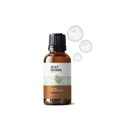 Tea tree essential oil bottle with black cap and amber glass, front label visible