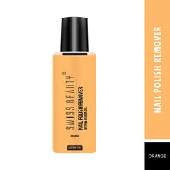 Nail polish remover bottle, orange, acetone-free, black cap, label and side panel